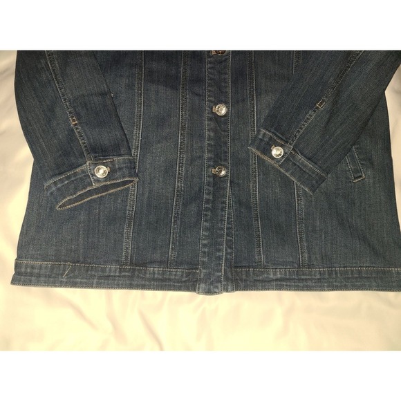 Chicos Long Denim Jacket Button Front Stretch Medium Women Size 1 - Picture 12 of 16